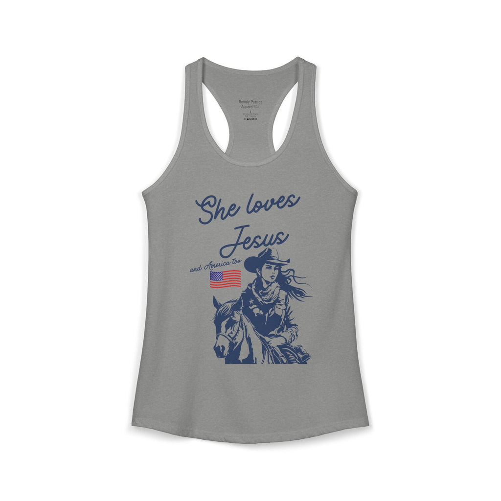 She Loves Jesus & America Too - Racerback Tank