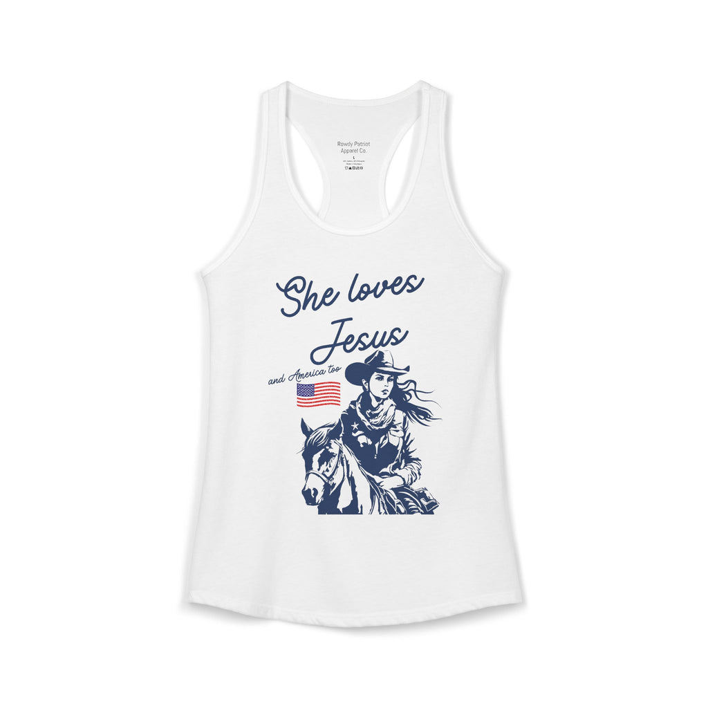 She Loves Jesus & America Too - Racerback Tank